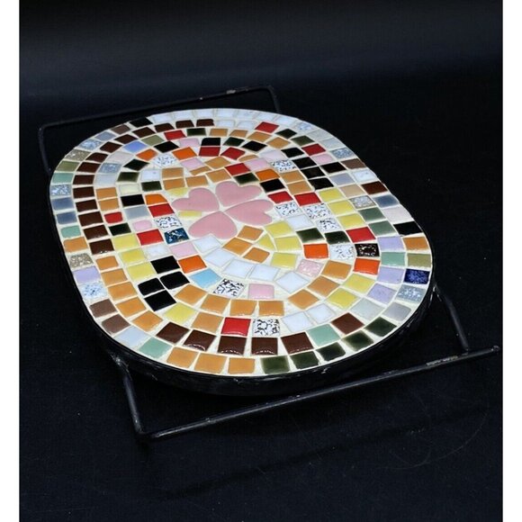 Mid Century Mosaic Tile Oval Trivet Multicolor Pink Hearts Black Metal Handles - Picture 14 of 14